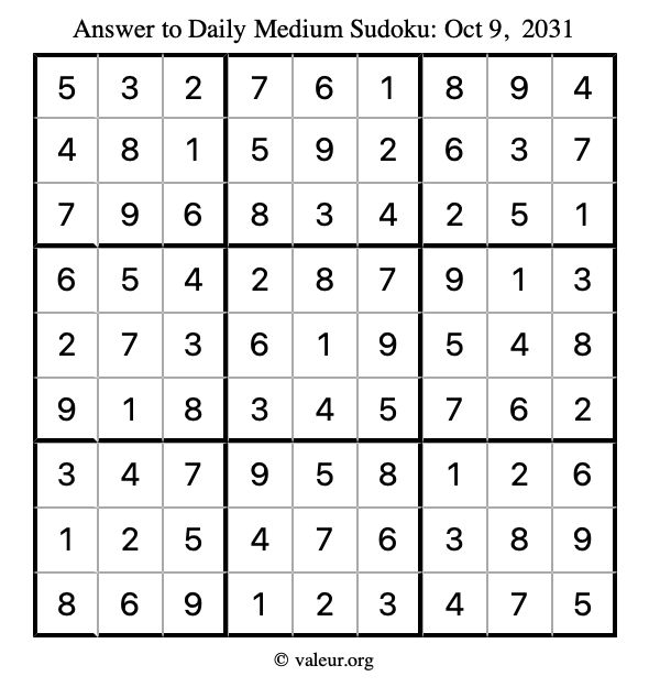 Answer to medium sudoku October 9, 2031