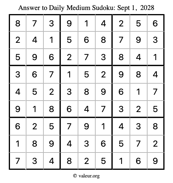 Answer to medium sudoku September 1, 2028