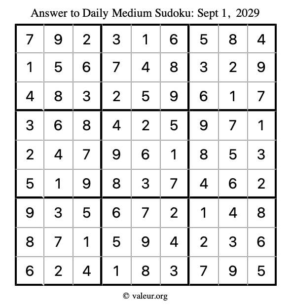 Answer to medium sudoku September 1, 2029