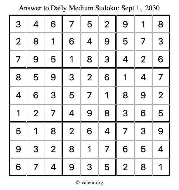 Answer to medium sudoku September 1, 2030