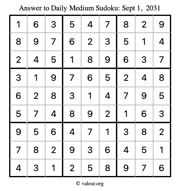 Answer to medium sudoku September 1, 2031