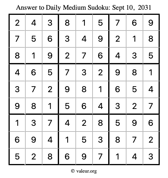 Answer to medium sudoku September 10, 2031