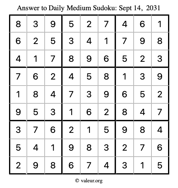 Answer to medium sudoku September 14, 2031