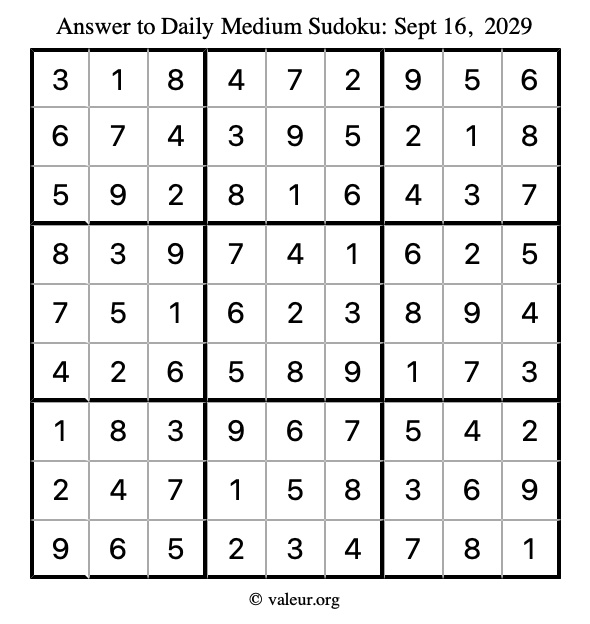 Answer to medium sudoku September 16, 2029