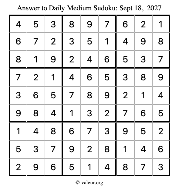 Answer to medium sudoku September 18, 2027