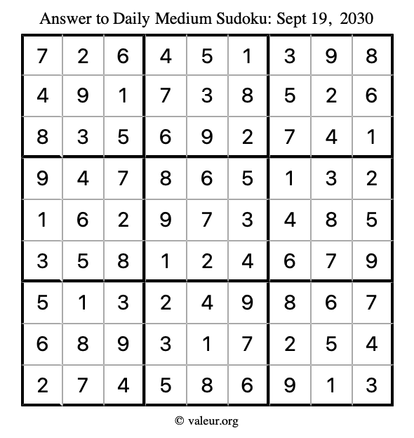 Answer to medium sudoku September 19, 2030