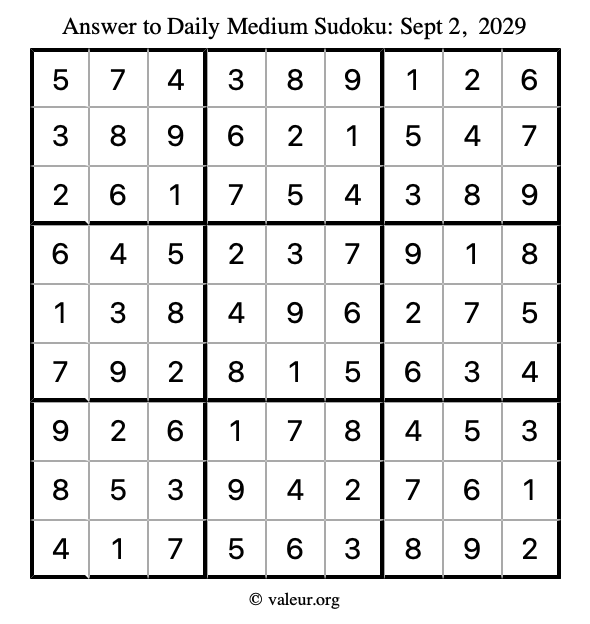 Answer to medium sudoku September 2, 2029