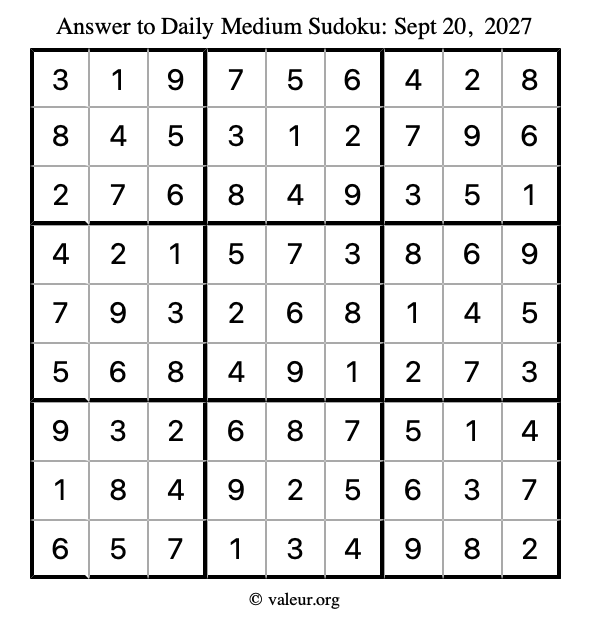 Answer to medium sudoku September 20, 2027