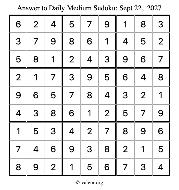 Answer to medium sudoku September 22, 2027