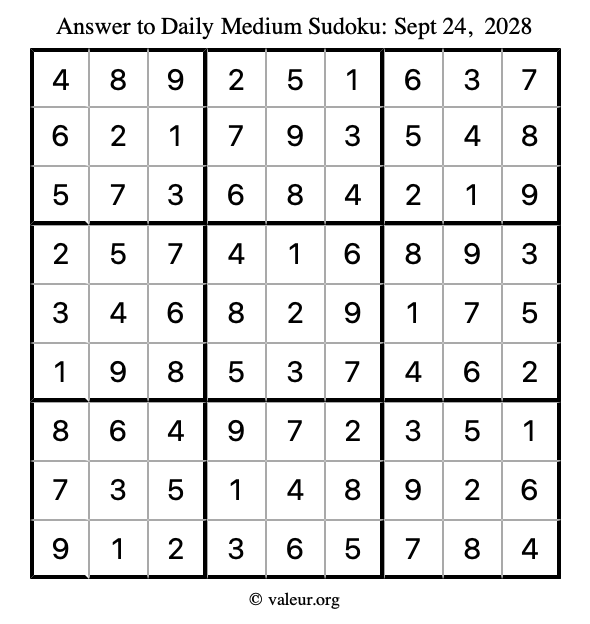 Answer to medium sudoku September 24, 2028