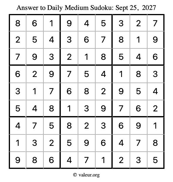 Answer to medium sudoku September 25, 2027