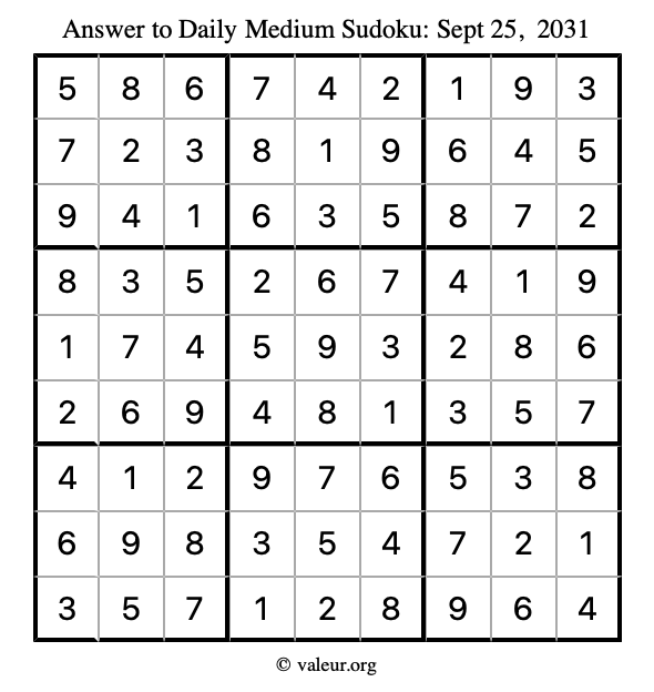 Answer to medium sudoku September 25, 2031
