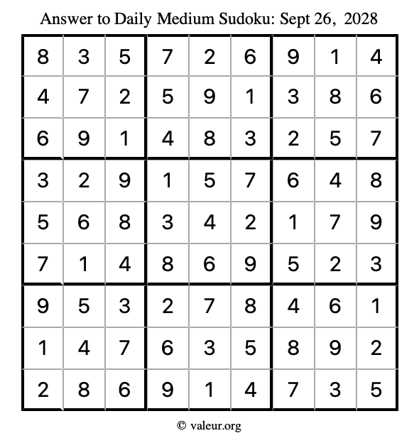 Answer to medium sudoku September 26, 2028