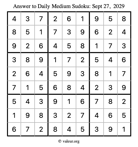 Answer to medium sudoku September 27, 2029