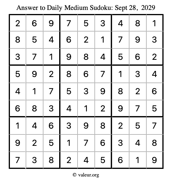 Answer to medium sudoku September 28, 2029