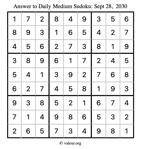 Answer to medium sudoku September 28, 2030