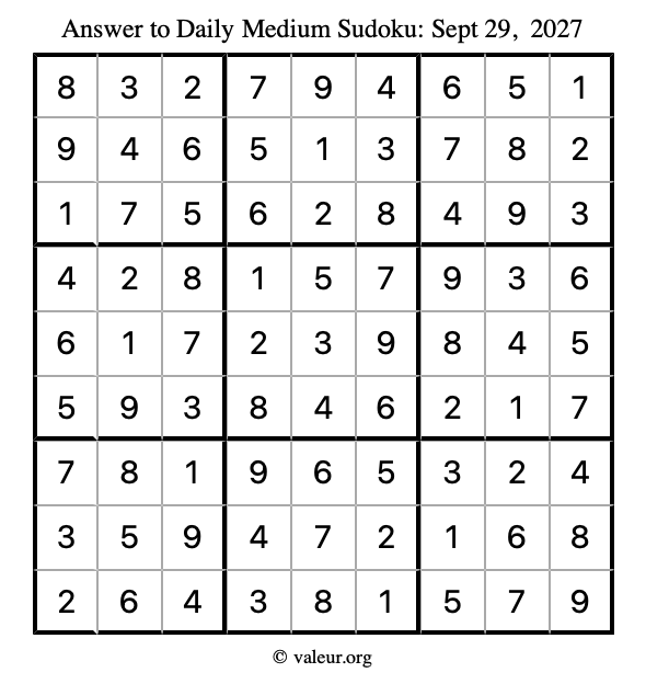 Answer to medium sudoku September 29, 2027