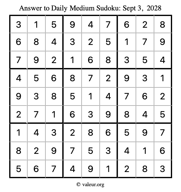 Answer to medium sudoku September 3, 2028