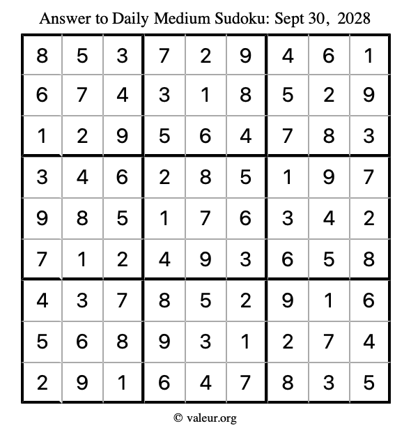 Answer to medium sudoku September 30, 2028