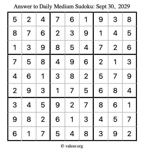 Answer to medium sudoku September 30, 2029