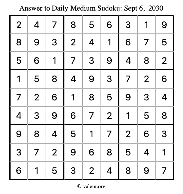 Answer to medium sudoku September 6, 2030