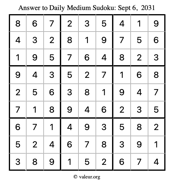Answer to medium sudoku September 6, 2031