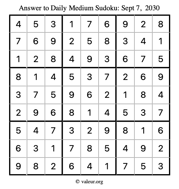 Answer to medium sudoku September 7, 2030