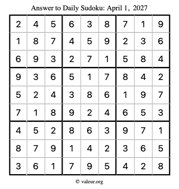 Answer to sudoku April 1, 2027