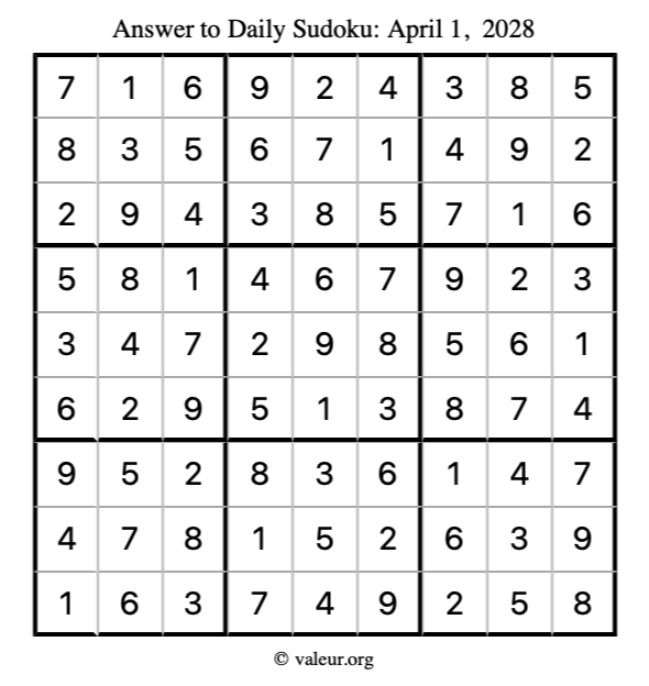 Answer to sudoku April 1, 2028
