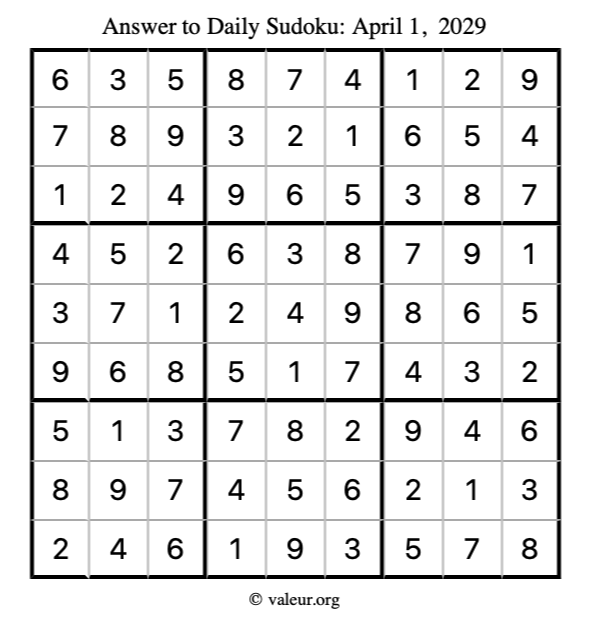 Answer to sudoku April 1, 2029
