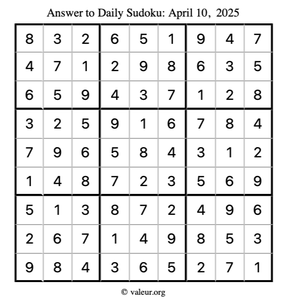 Answer to sudoku April 10, 2025