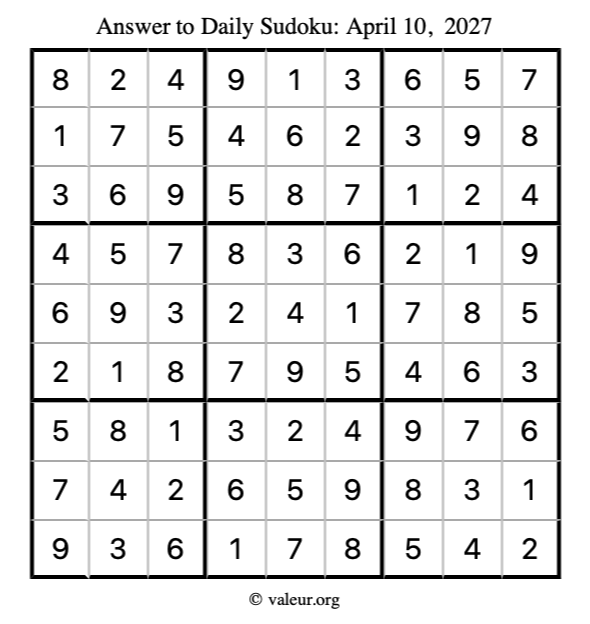 Answer to sudoku April 10, 2027