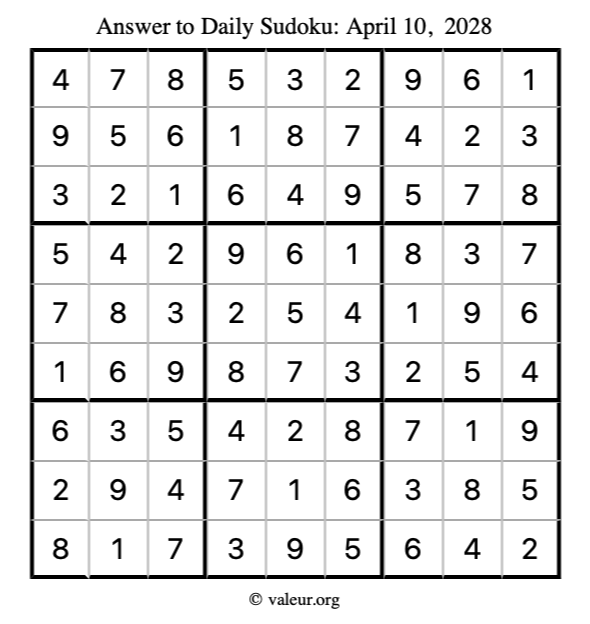 Answer to sudoku April 10, 2028