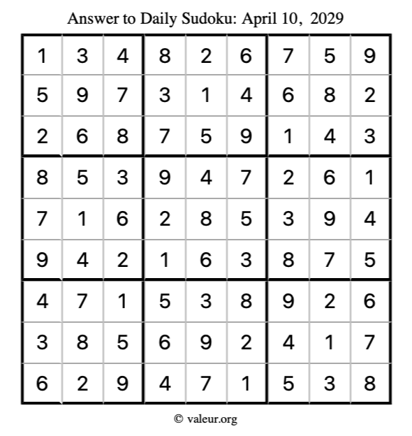 Answer to sudoku April 10, 2029