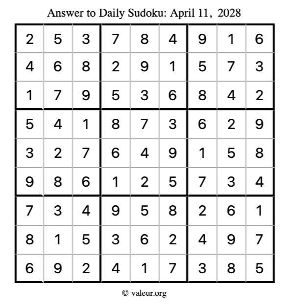 Answer to sudoku April 11, 2028