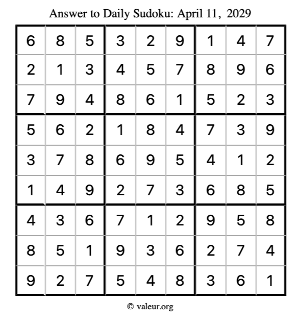 Answer to sudoku April 11, 2029