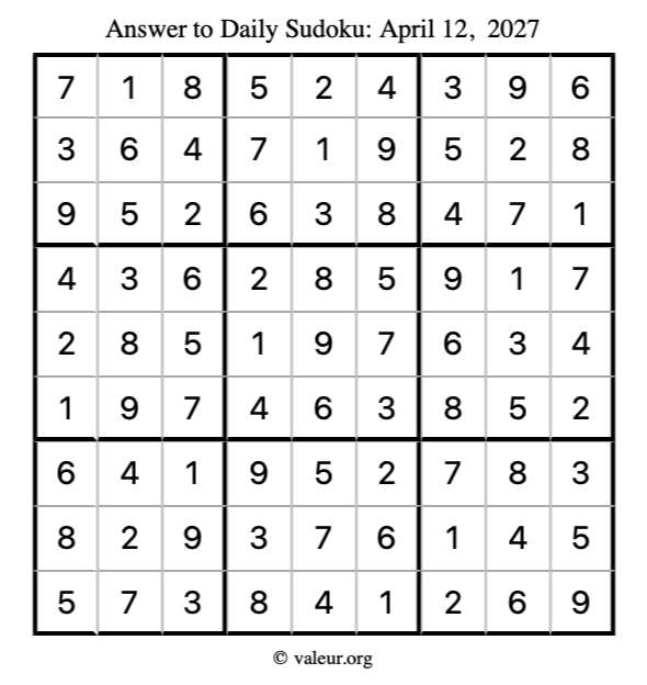 Answer to sudoku April 12, 2027