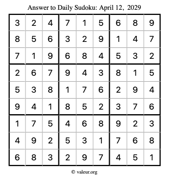 Answer to sudoku April 12, 2029