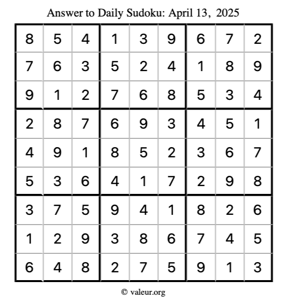 Answer to sudoku April 13, 2025