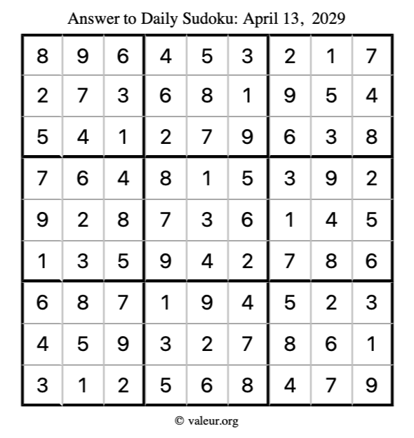 Answer to sudoku April 13, 2029