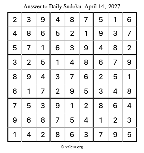Answer to sudoku April 14, 2027