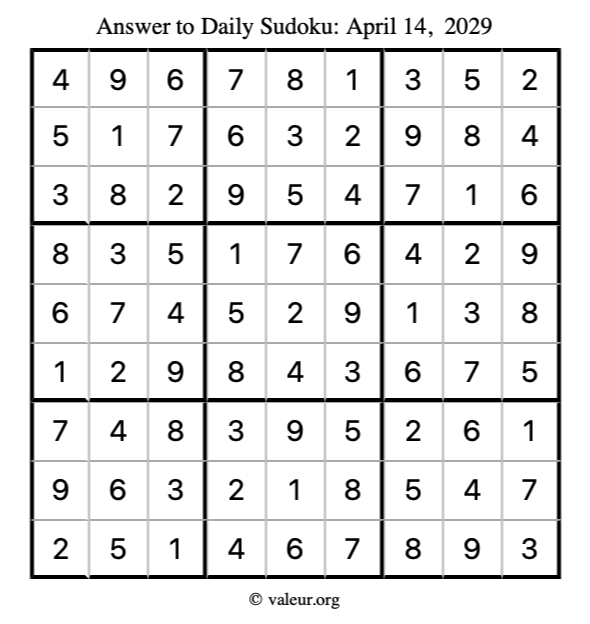 Answer to sudoku April 14, 2029