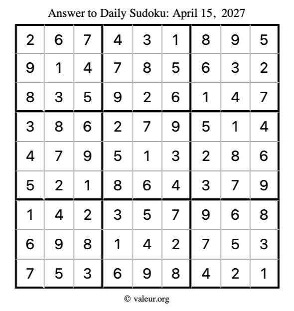 Answer to sudoku April 15, 2027