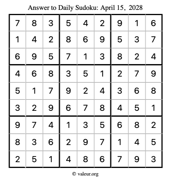 Answer to sudoku April 15, 2028