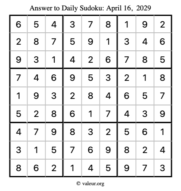 Answer to sudoku April 16, 2029