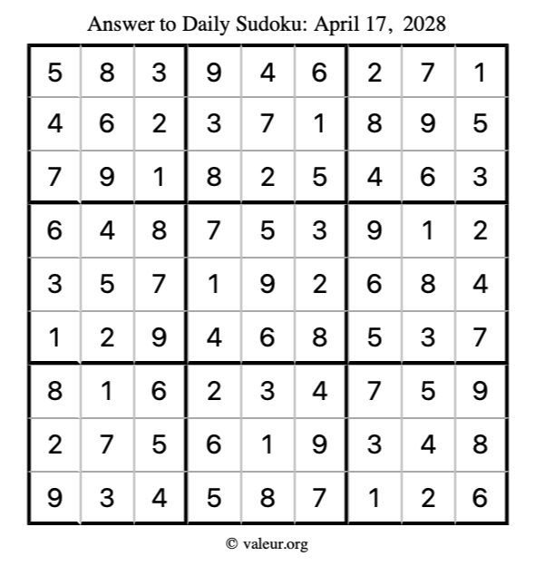 Answer to sudoku April 17, 2028