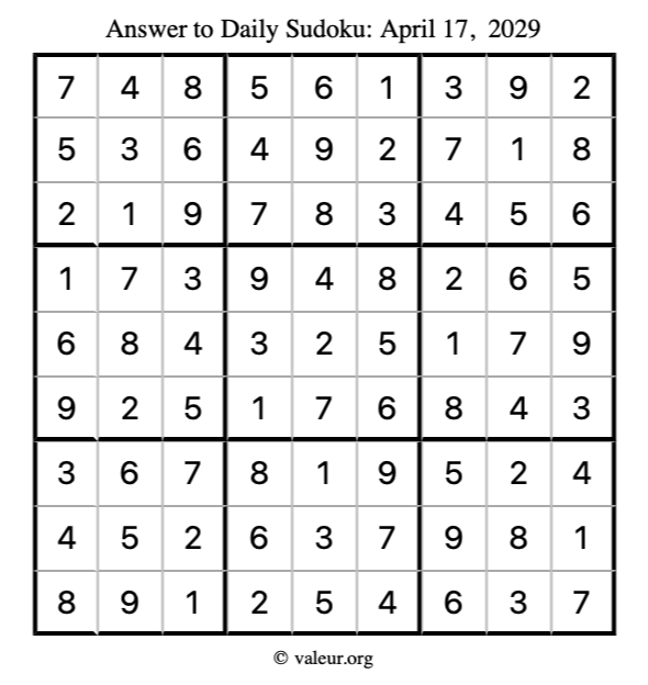 Answer to sudoku April 17, 2029