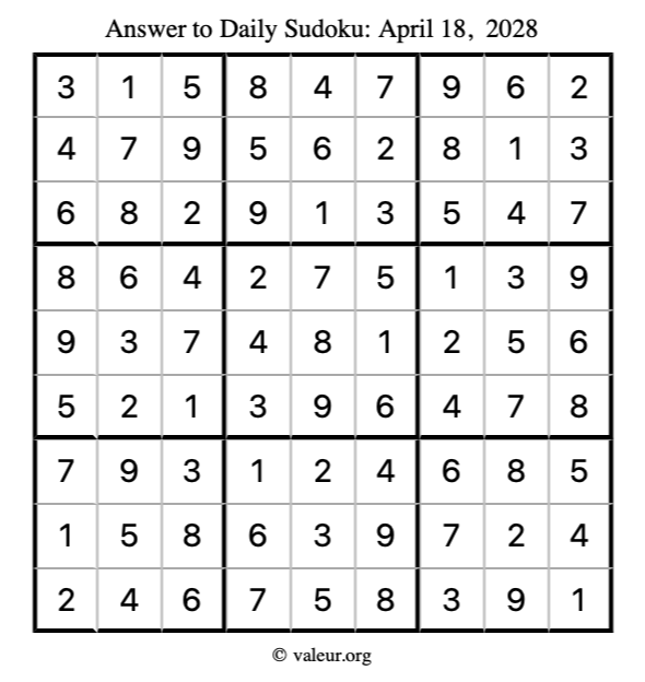 Answer to sudoku April 18, 2028