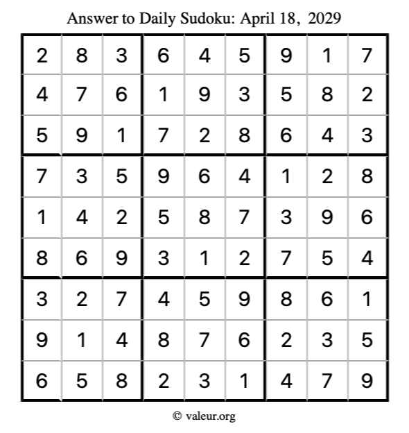 Answer to sudoku April 18, 2029