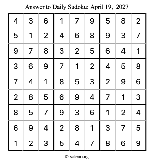 Answer to sudoku April 19, 2027